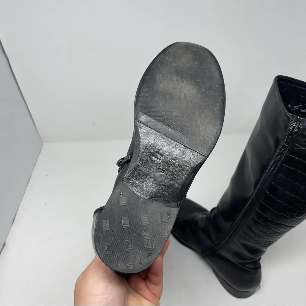 Missouri girl Italian fur lined black crock leather embossed tall riding boots